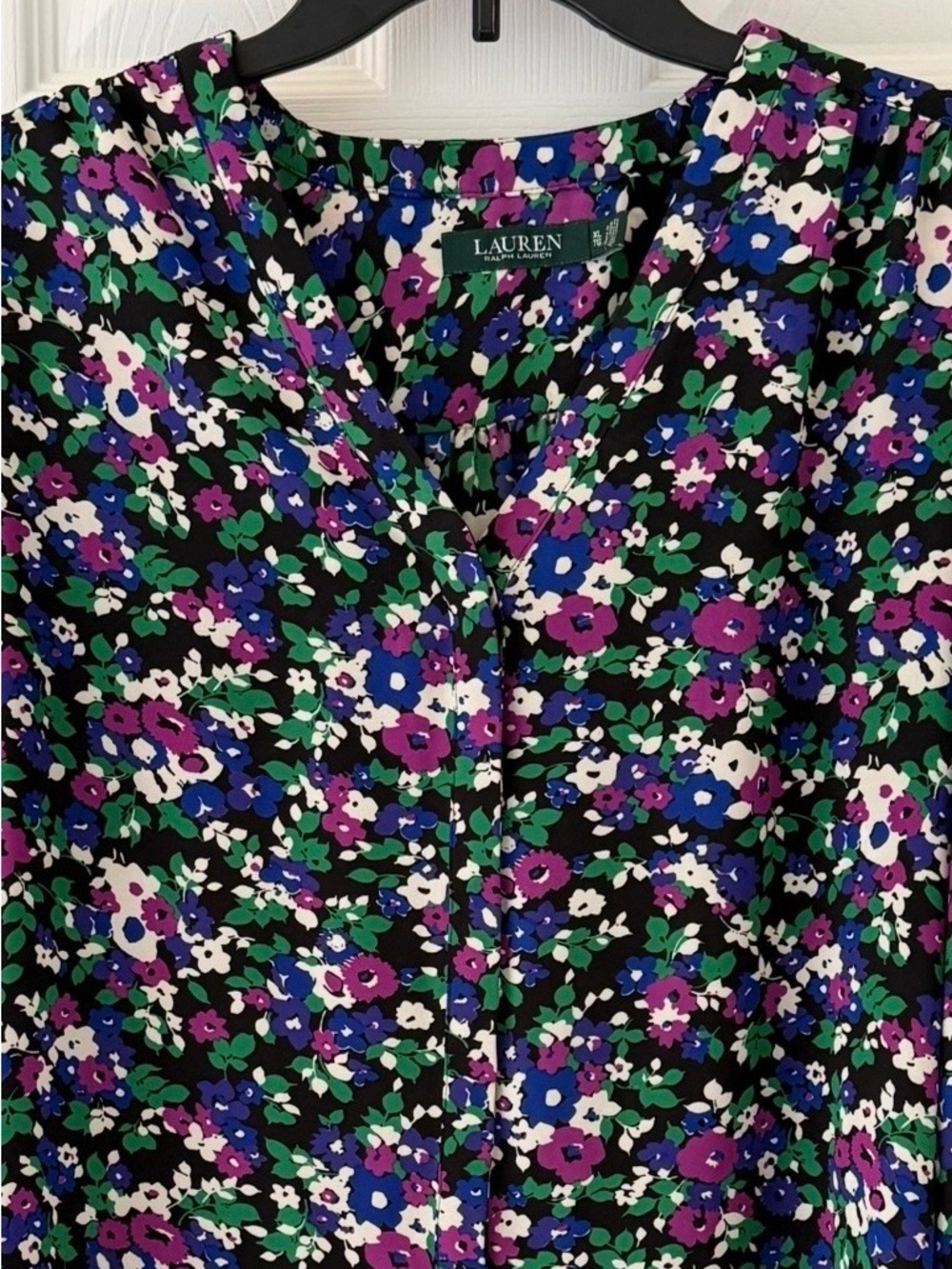 LAUREN Ralph Lauren Blouse XL Semi Sheer Black Floral Dark Femme Romantic Noir